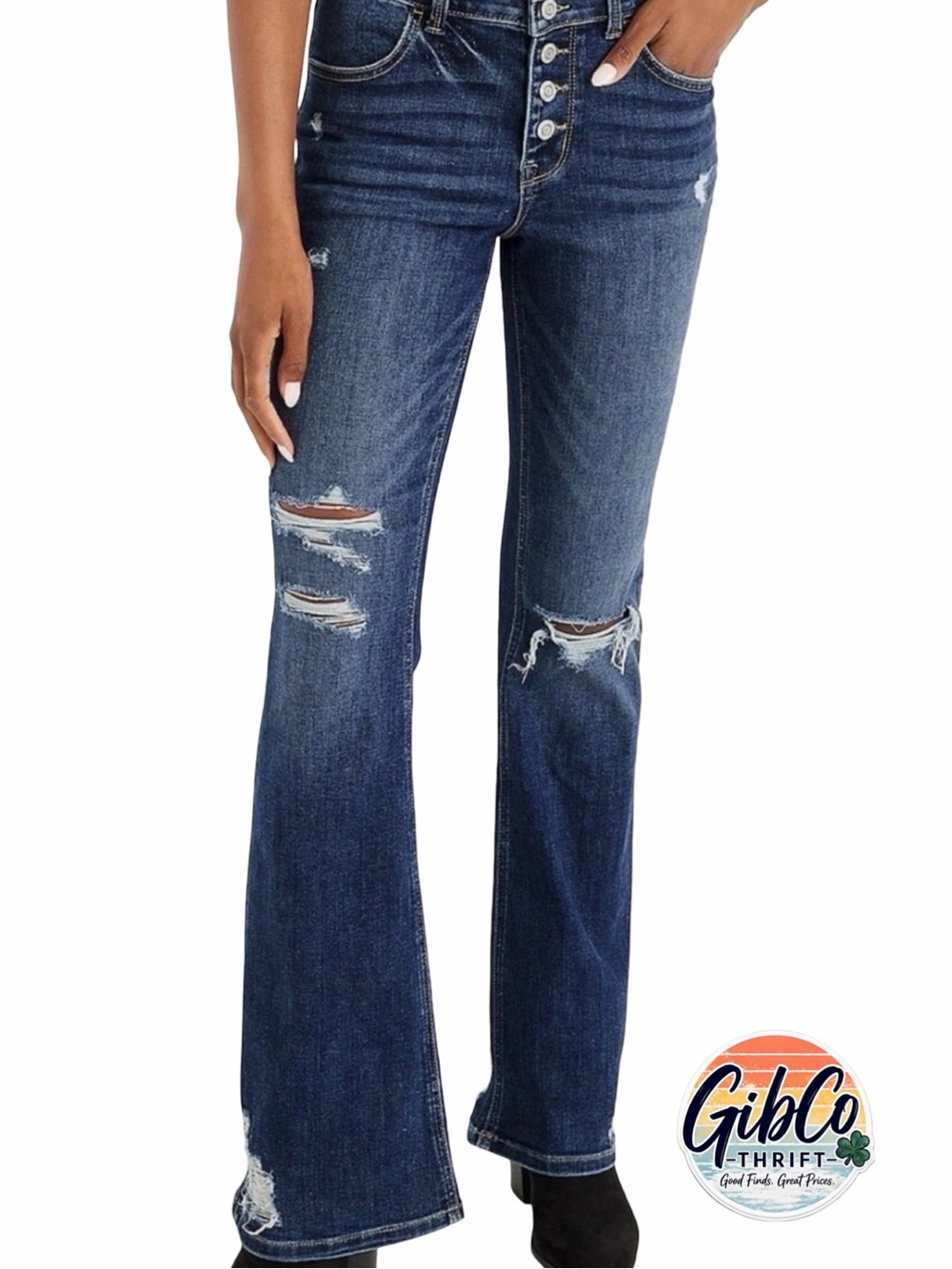 Maurices - Size 8 - High-Rise Flare Button Fly Jeans - Distressed Dark Blue